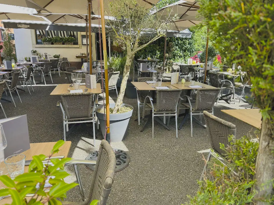 La terrasse ombragée du restaurant, au milieu des arbres